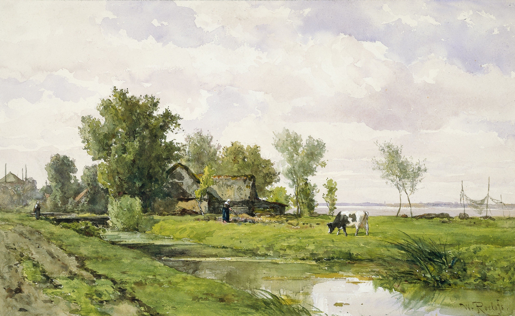 Farmhouse by a Ditch, oil on canvas by Willem Roelofs, depicting a rural landscape with vibrant fields.