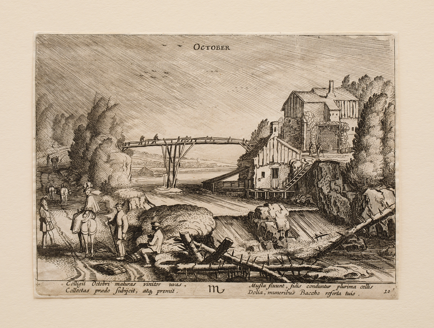 Engraving by Jan van de Velde depicting an autumn landscape with a tree and colorful leaves.