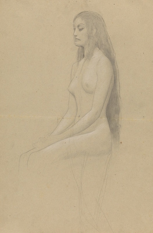 This painting depicts a seated female nude with long flowing hair.