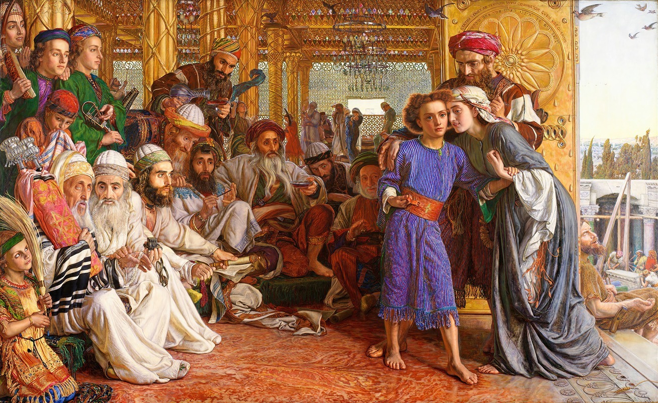William Morris Hunt's 'The Finding of the Saviour in the Temple' depicts a biblical scene with vibrant colors.