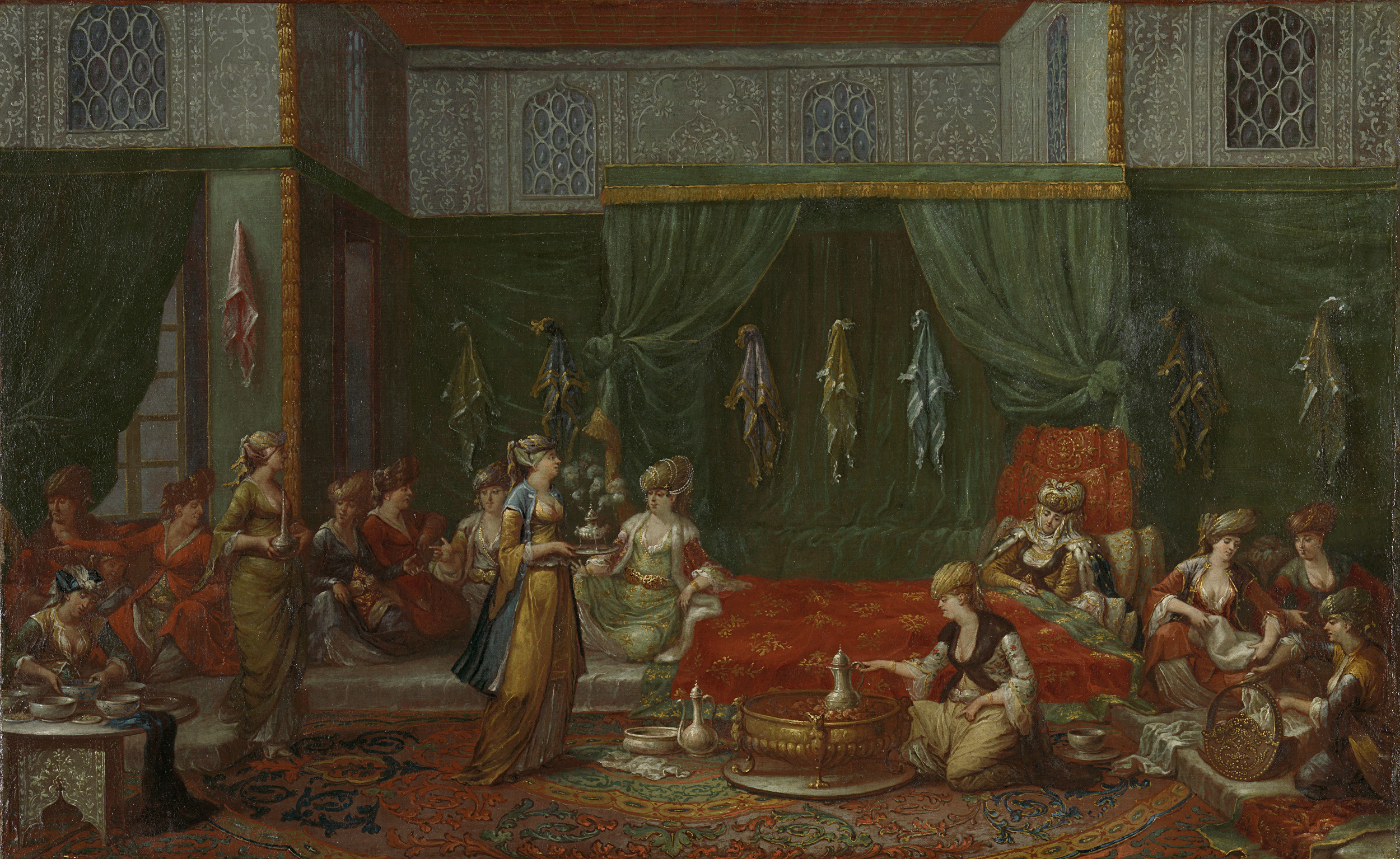 Interior scene of a Turkish maternity visit, oil on canvas by Jean Baptiste Vanmour
