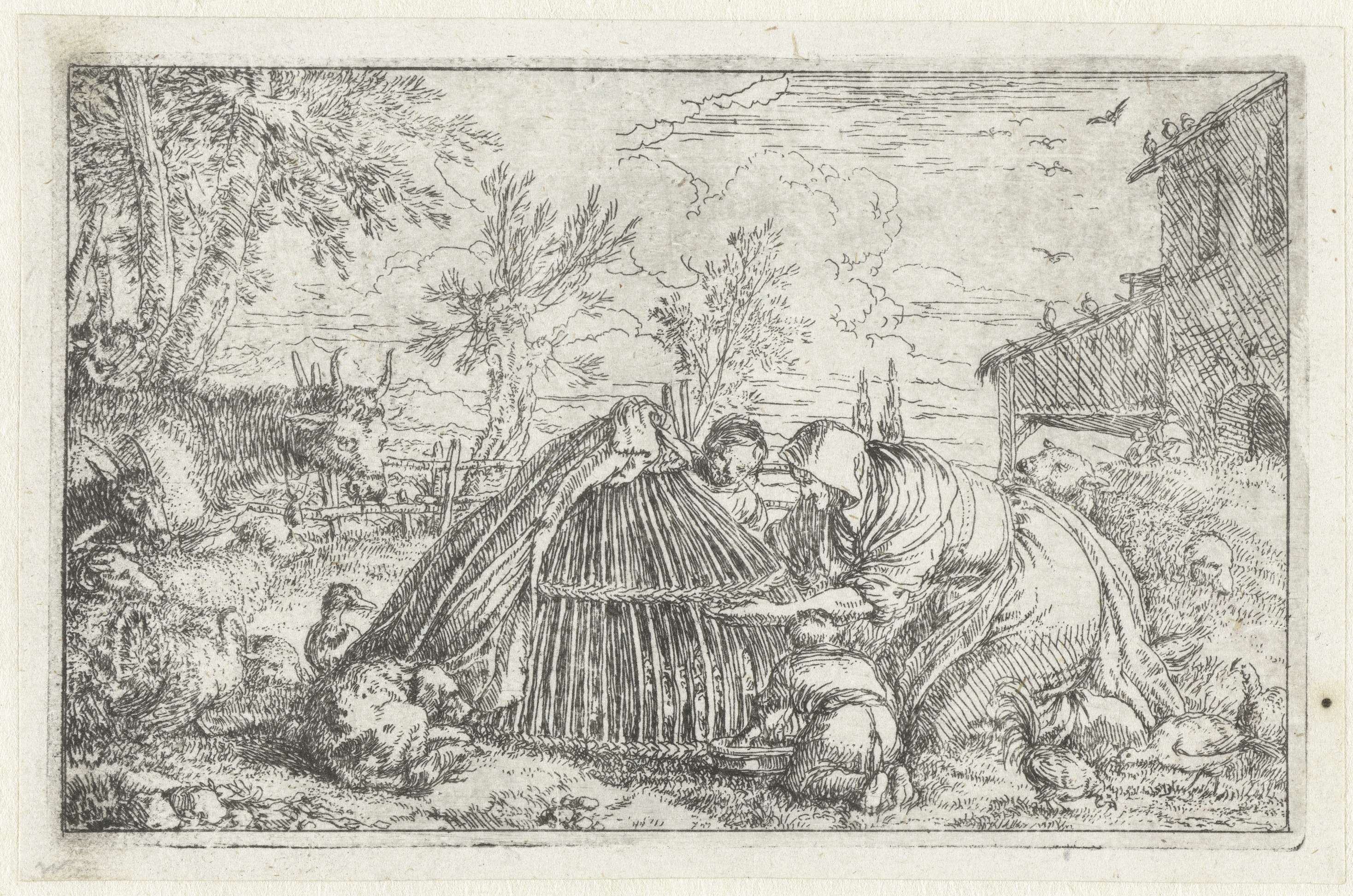 A woman with children feeding chickens, etching by Jonas Umbach.
