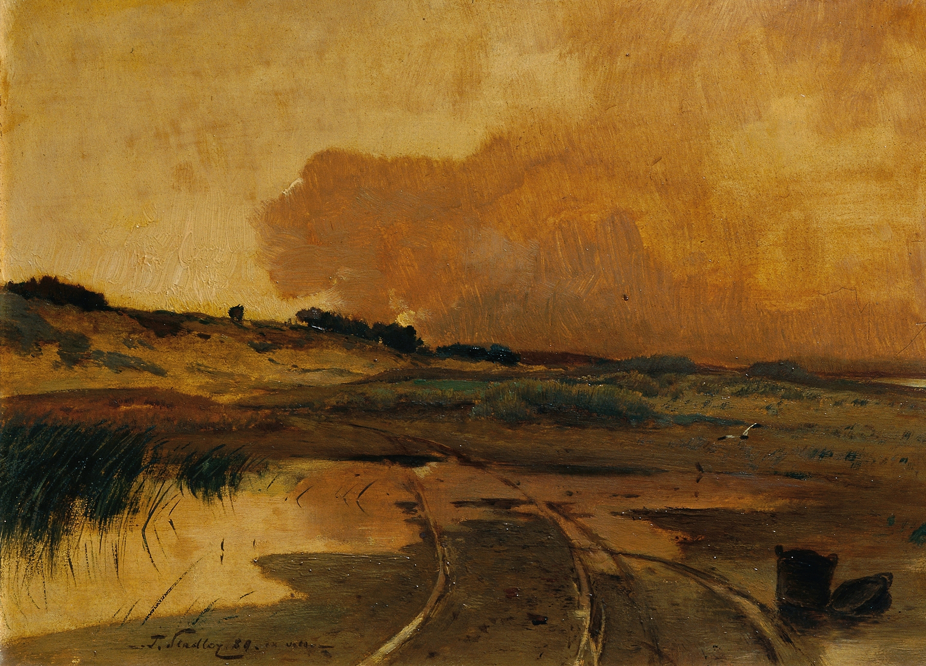 Landscape oil painting by Toni von Stadler featuring a solitary figure in golden light