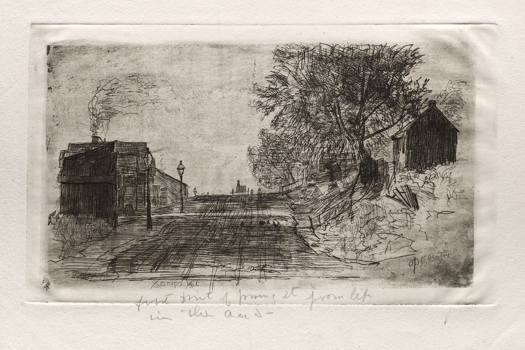 Spring Street by Otto Henry Bacher, watercolor on paper depicting rooftops and morning light.