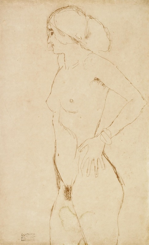 Gustav Klimt's 'Standing nude girl, facing left' showcases a young woman in a thoughtful pose.