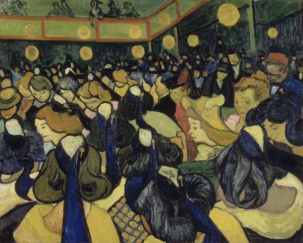 Vincent van Gogh's 'The Dance Hall In Arles' depicts lively figures in a vibrant setting.