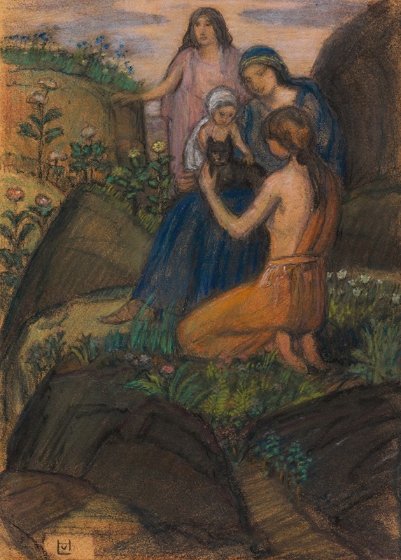 A serene depiction of women and children in an idyllic landscape.
