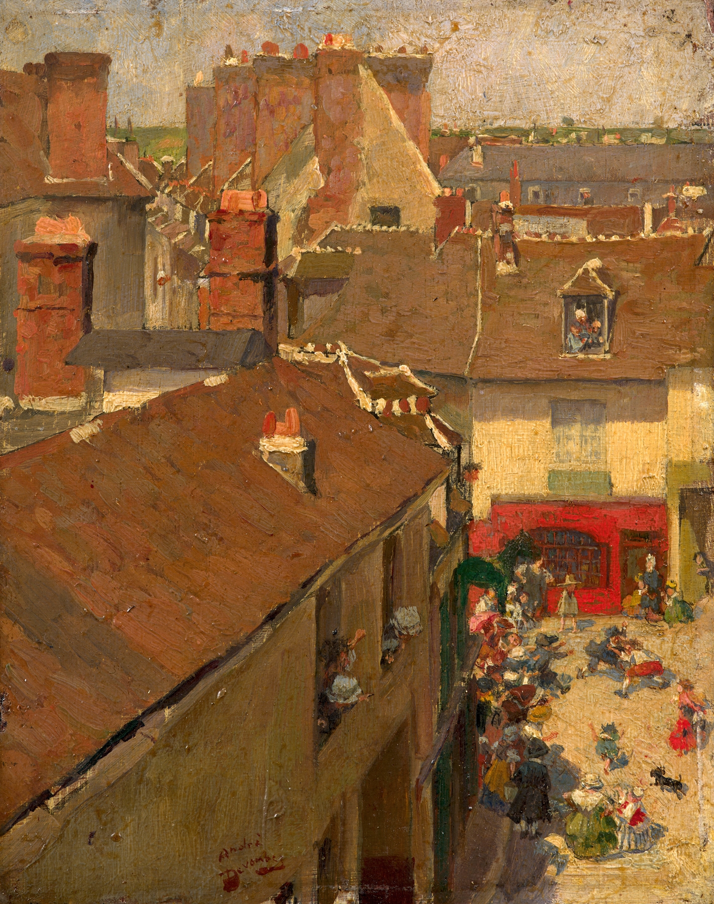 Genre scene depicting a village altercation, oil painting by André Victor Édouard Devambez