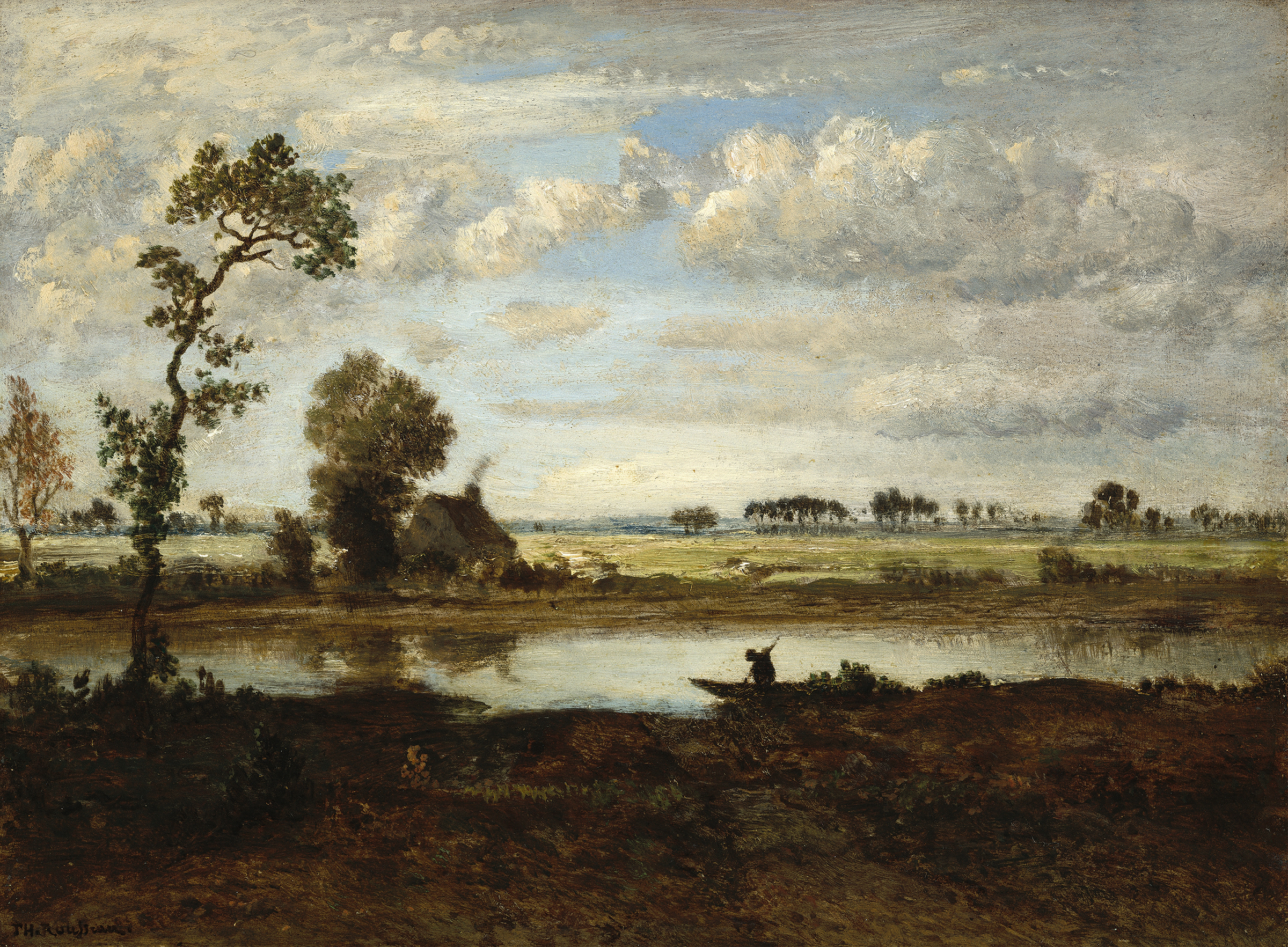 Landscape with Boatman by Théodore Rousseau, oil on canvas, depicting a boatman on a tranquil river.