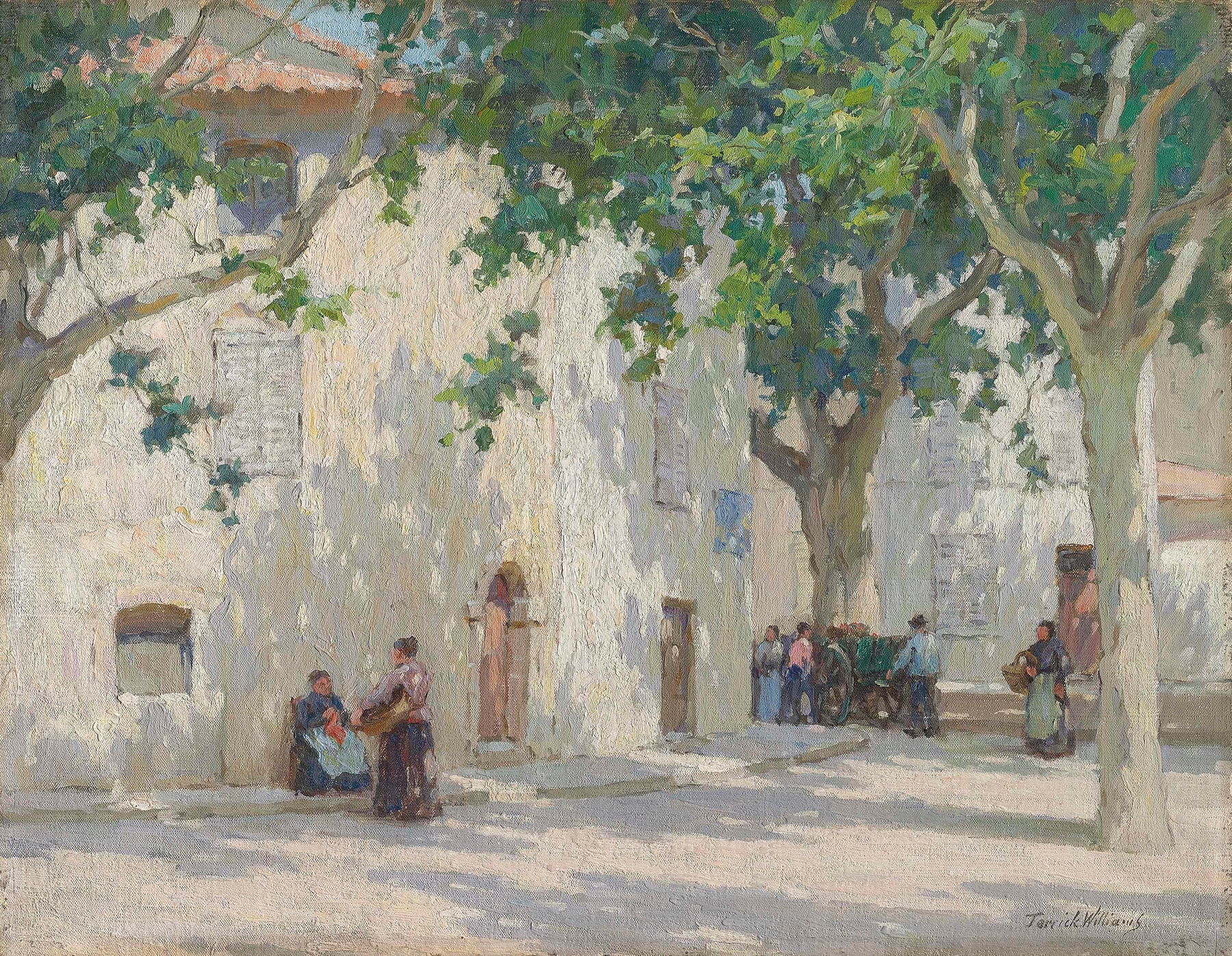 Oil painting by Terrick Williams depicting sunlit streets and buildings in Cassis