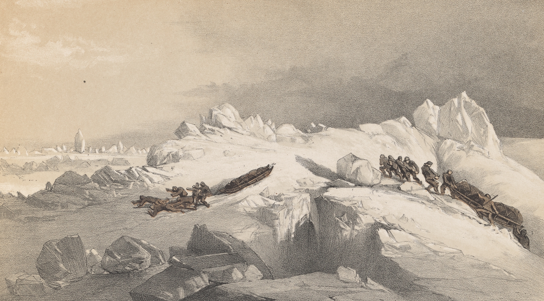 oil painting by Walter William May depicting sledges navigating icy hummocks