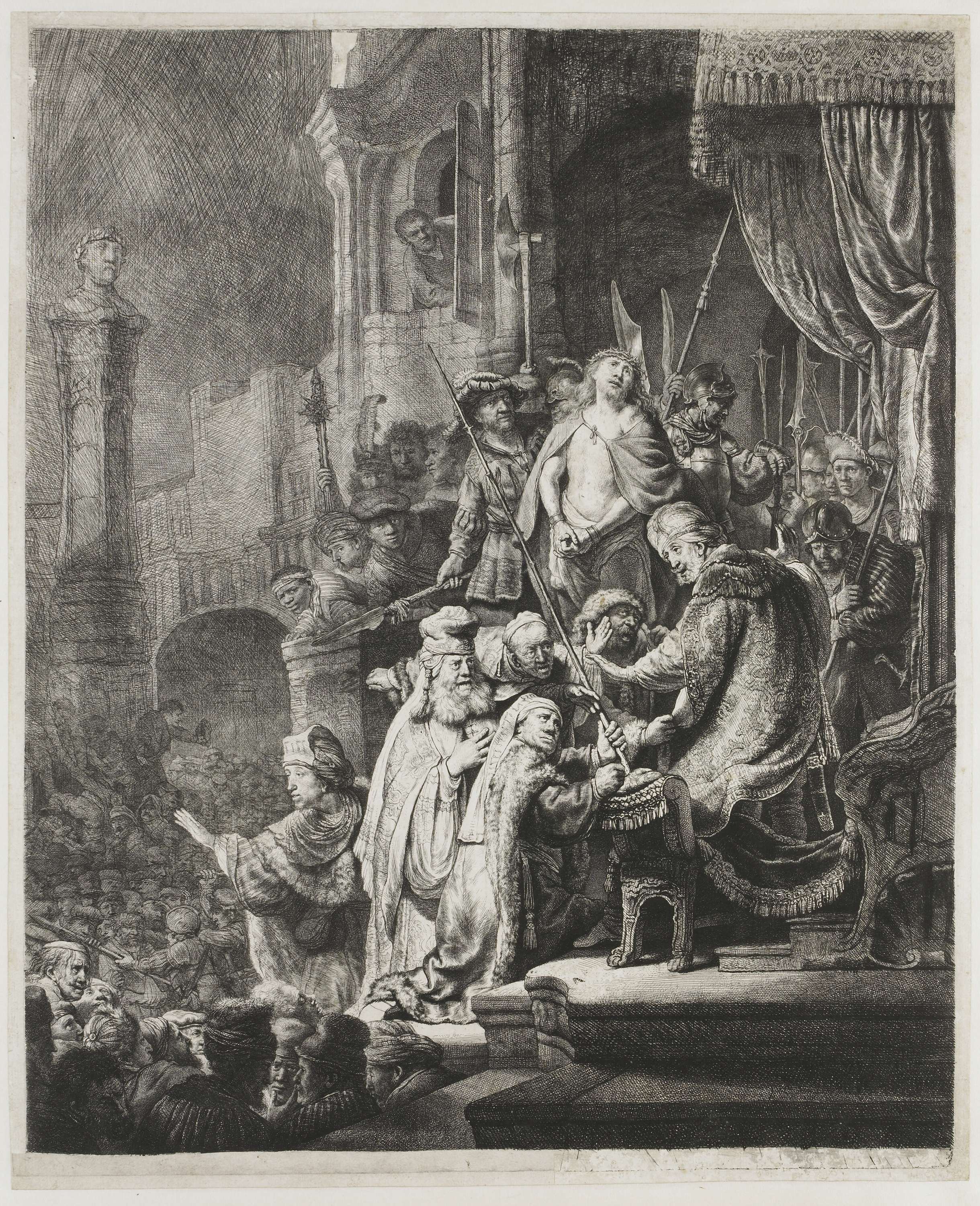 Christ before Pilate, etching by Rembrandt van Rijn, depicting a tense moment between figures.