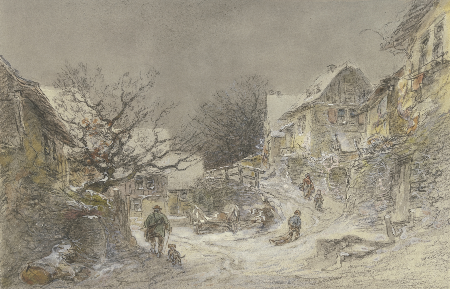 Winter landscape with snow covering terrain and a castle, oil painting by Anton Burger