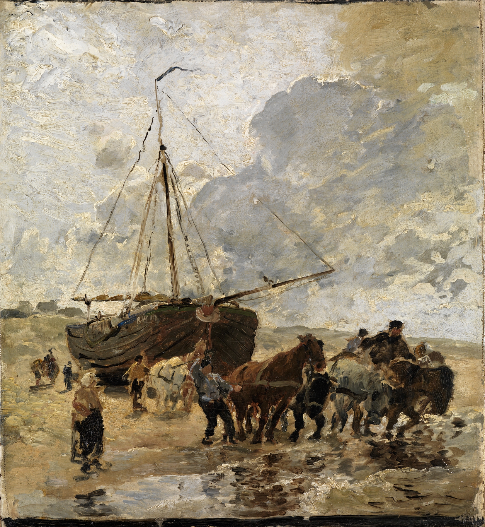 Oil on canvas by Hermann Baisch depicting fishermen working at sea.