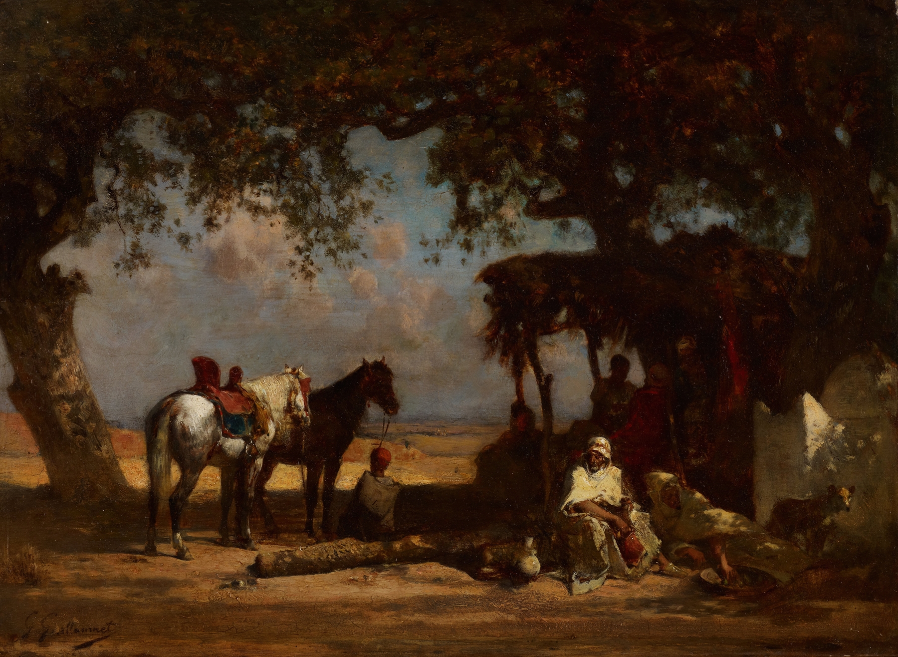 An Arab Encampment by Gustave-Achille Guillaumet, oil painting depicting figures in vibrant textiles.