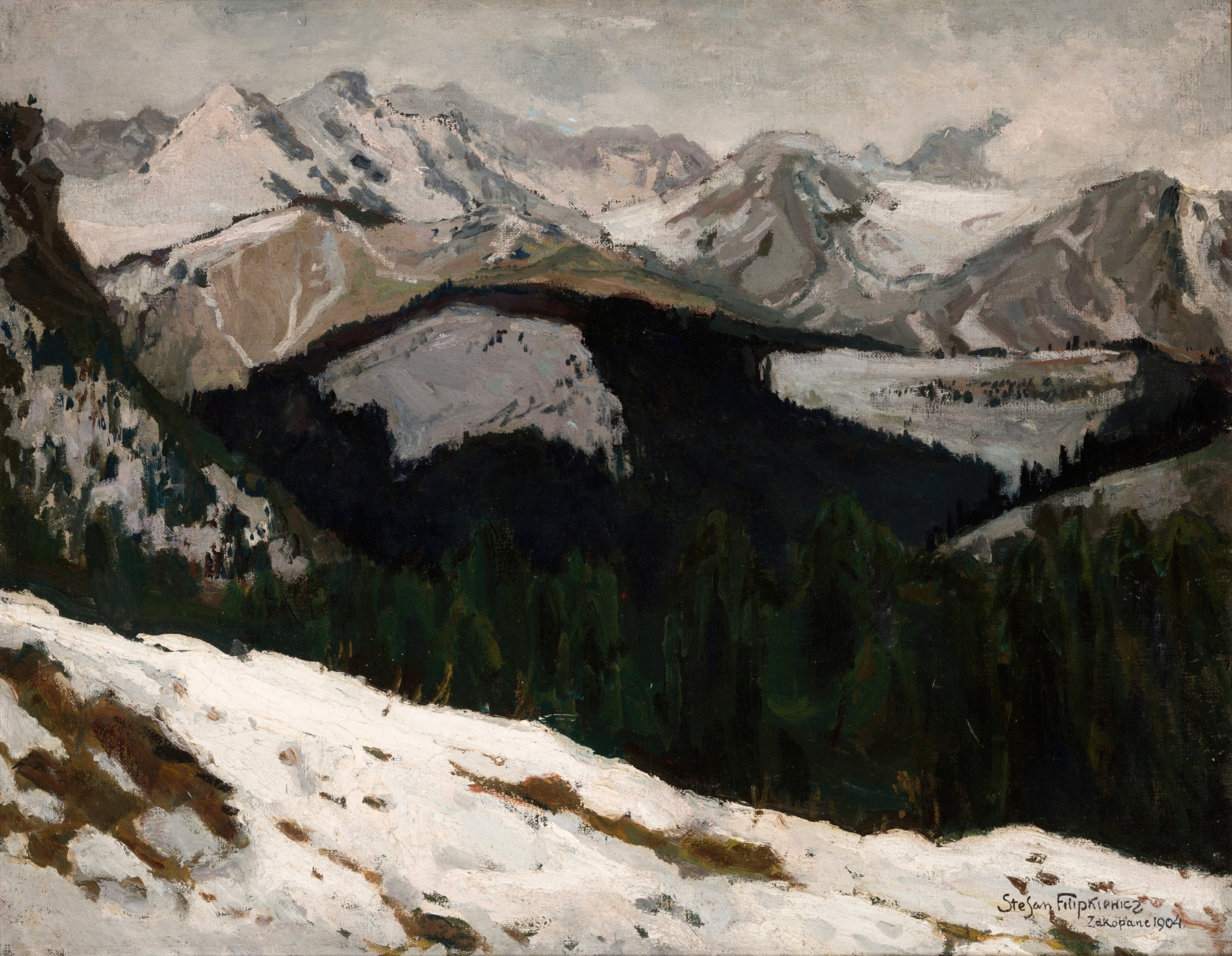 Thaw in the Tatra Mountains, oil on canvas by Stefan Filipkiewicz, depicting a vibrant landscape with melting snow.