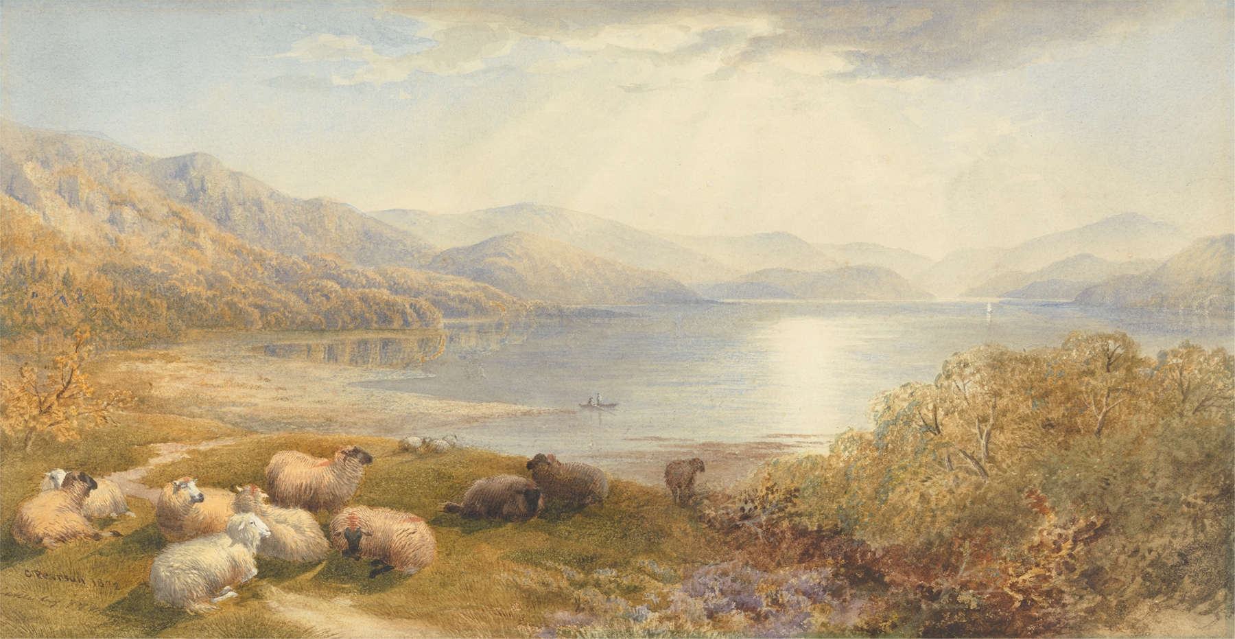 Landscape oil painting by Cornelius Pearson depicting a river and pastel sky