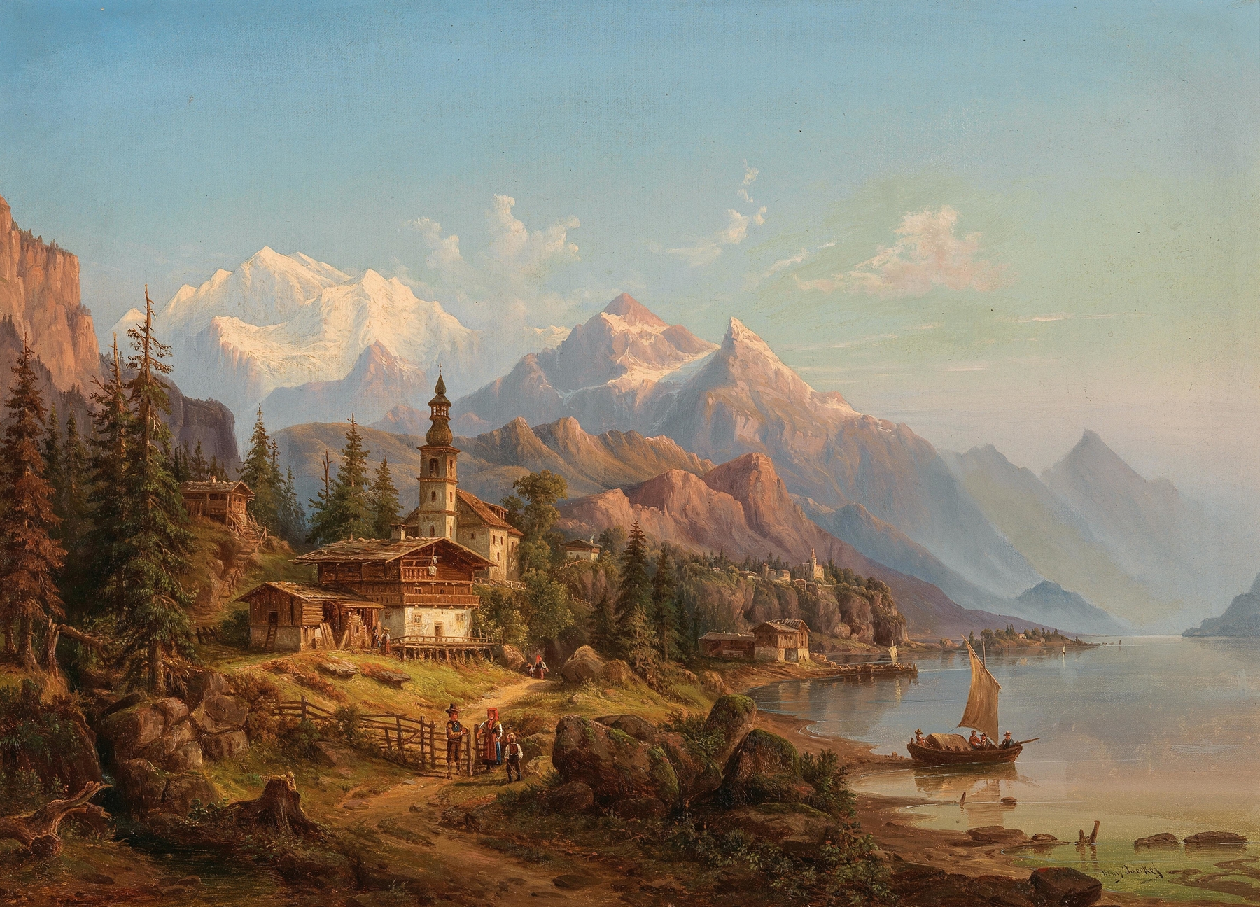 Landscape of Thuner See by Heinrich Jaeckel, oil painting