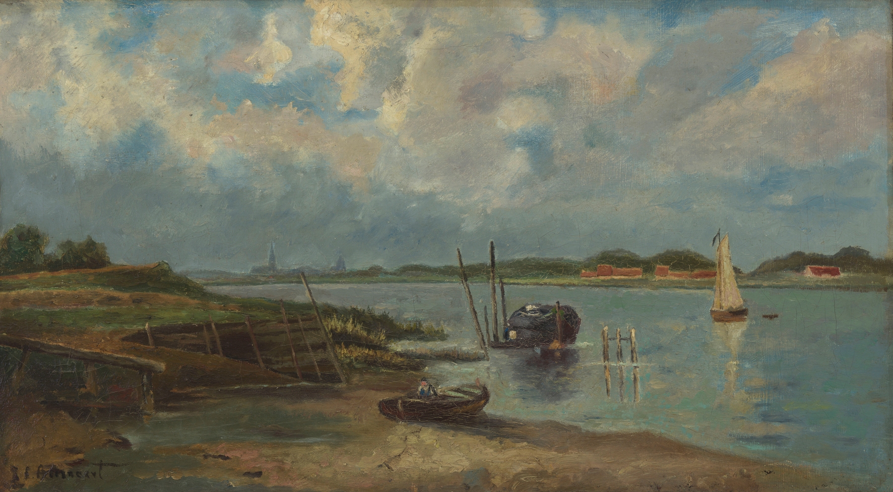 Landscape of Gezicht op de Schelde by Euphrosine Beernaert, oil on canvas depicting twilight over a river.