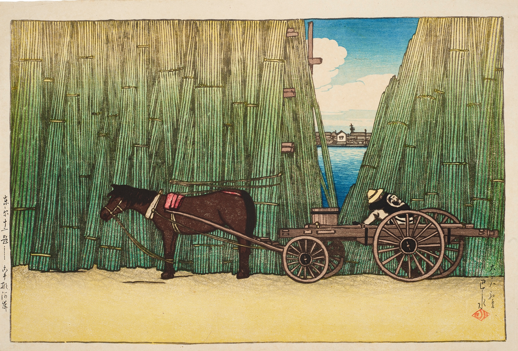 Woodblock print by Kawase Hasui depicting a tranquil riverbank at twilight