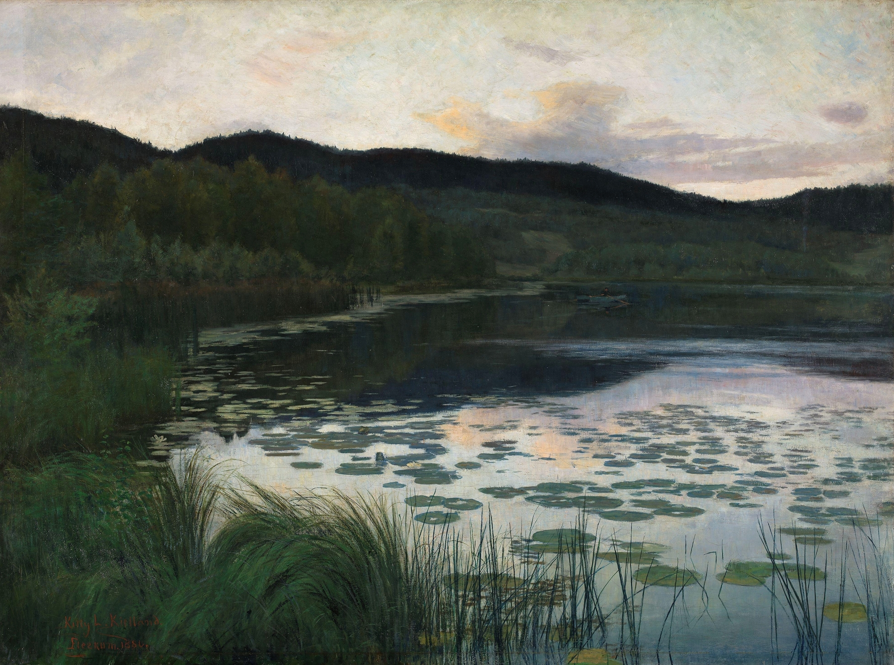 Summer Night by Kitty Kielland, oil painting depicting twilight reflections on water.