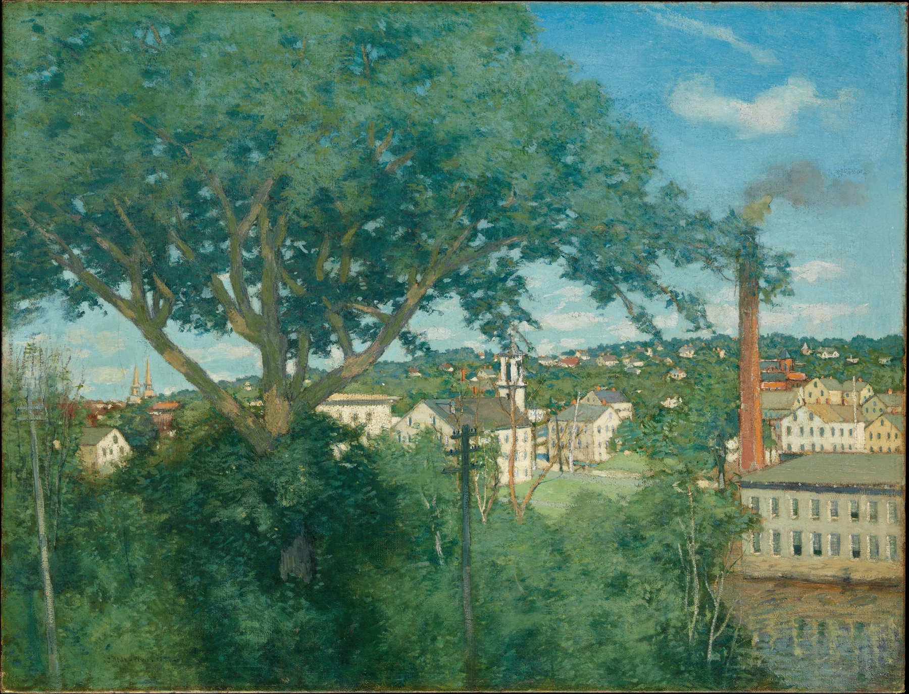 The Factory Village by Julian Alden Weir, oil painting depicting a serene village at twilight.