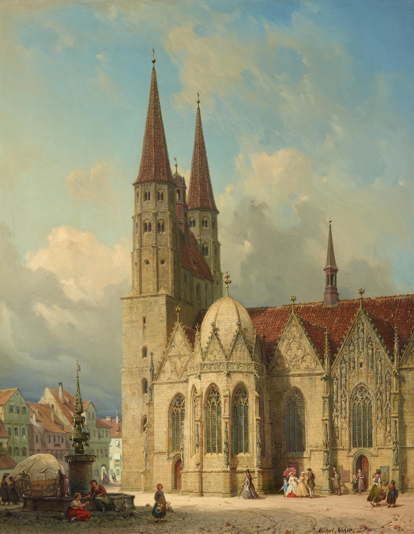 Die St. Martinskirche in Braunschweig by Michael Neher, oil painting depicting a church against a gentle sky.