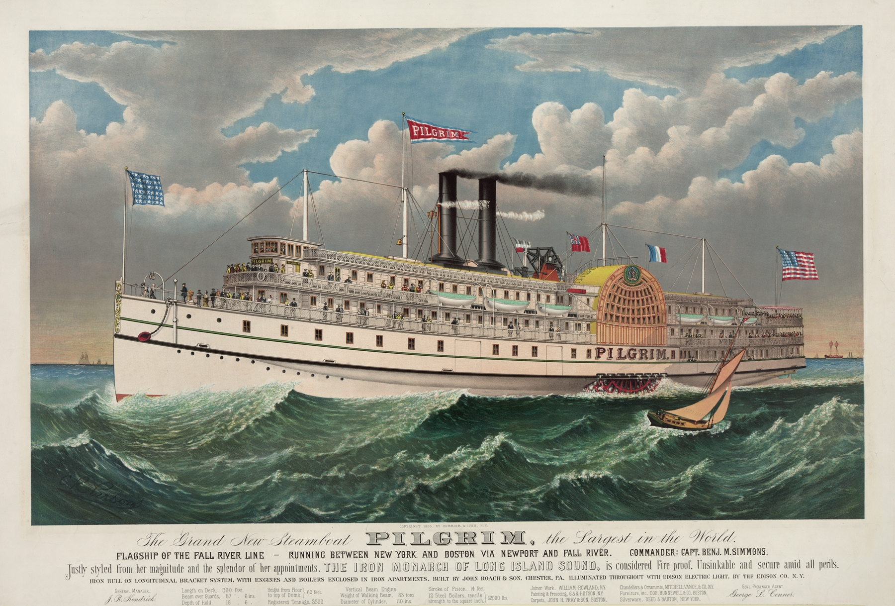 The grand new steamboat Pilgrim by Currier & Ives, depicting a steamboat on a river, medium unknown.