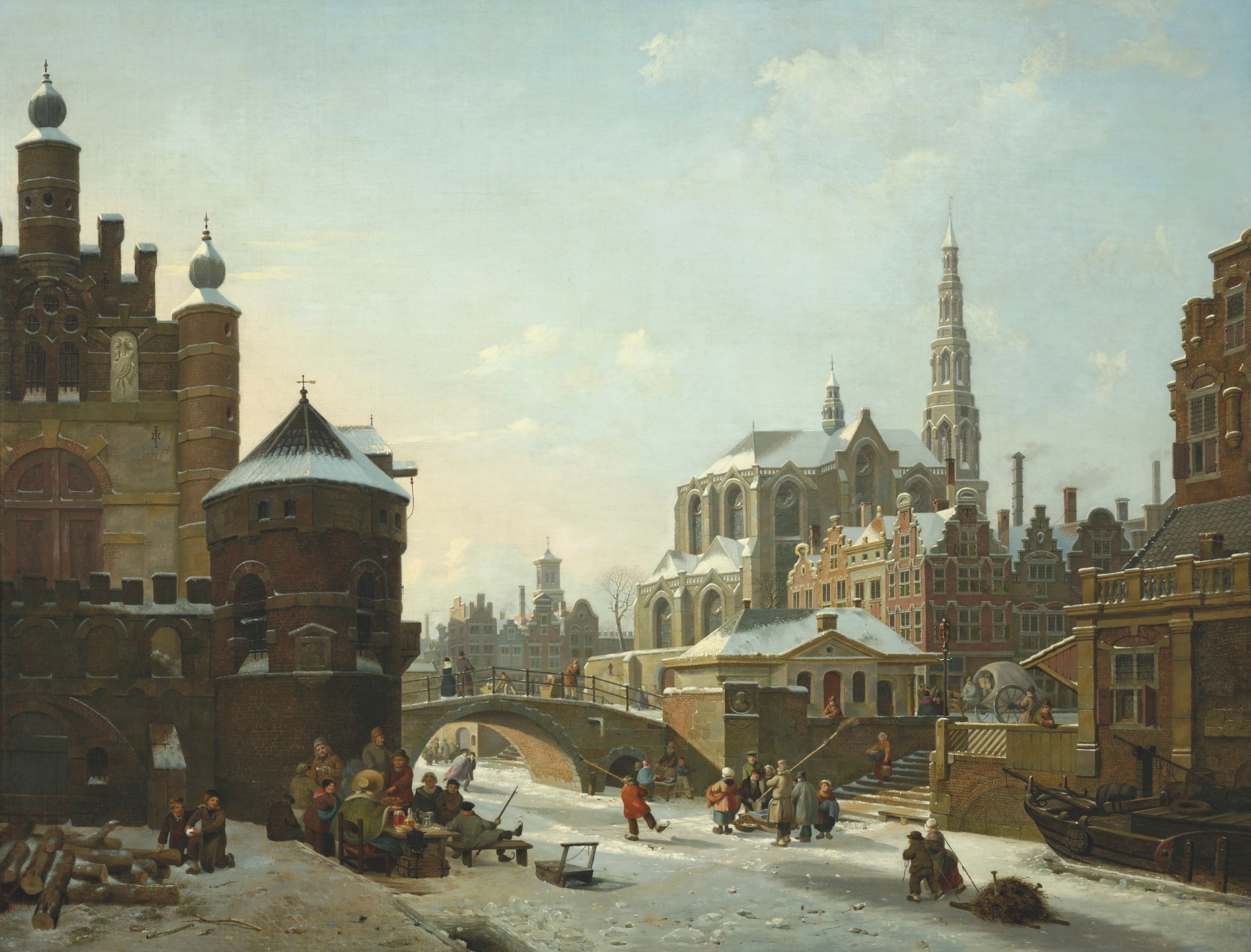 A capriccio with figures on a frozen canal, oil on canvas by Jan Hendrik Verheijen