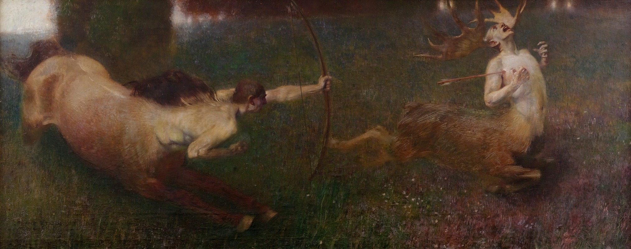 Franz von Stuck's 'Fantastic Hunt' depicts a mythical scene with vibrant colors and dynamic figures.