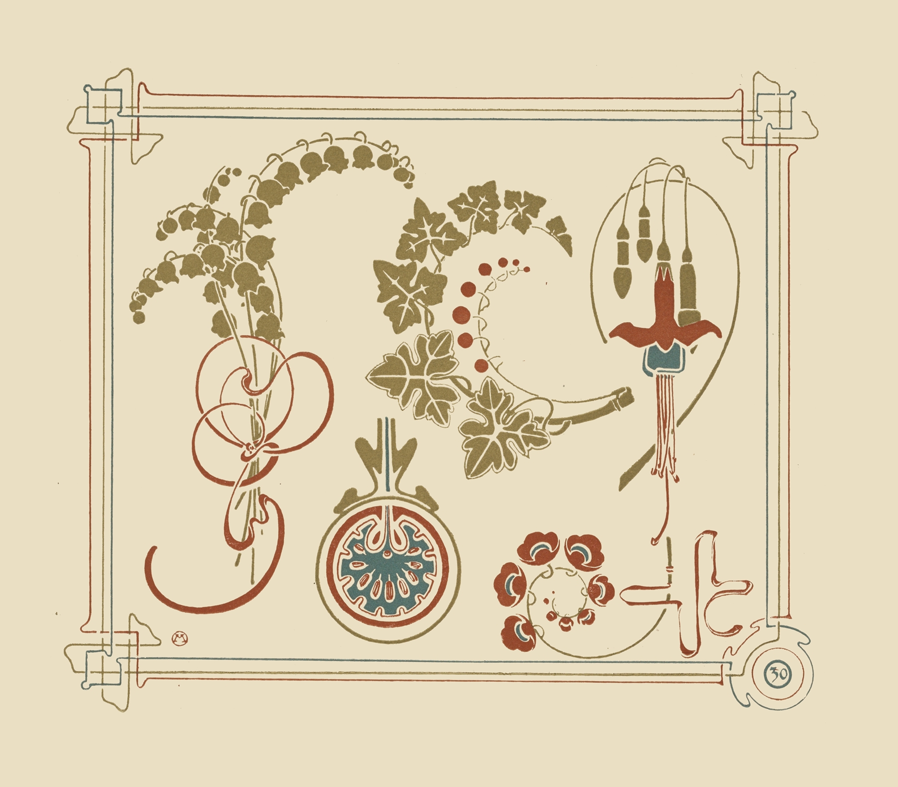 Abstract design based on flowers and leaves, by Alphonse Mucha, public domain