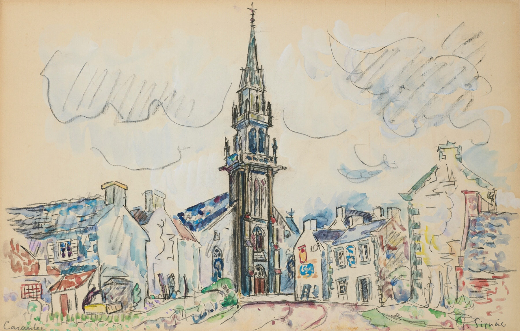Carantec, l’église by Paul Signac, oil on canvas depicting a coastal village with a church.