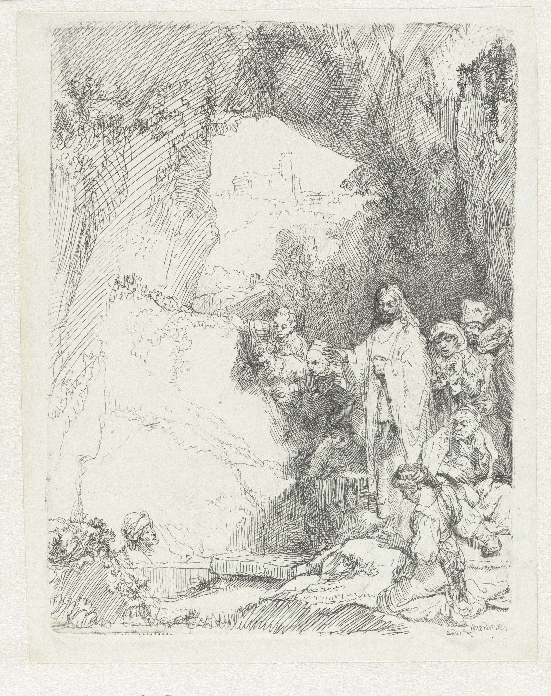 Etching by Rembrandt van Rijn showing Lazarus emerging from darkness into light