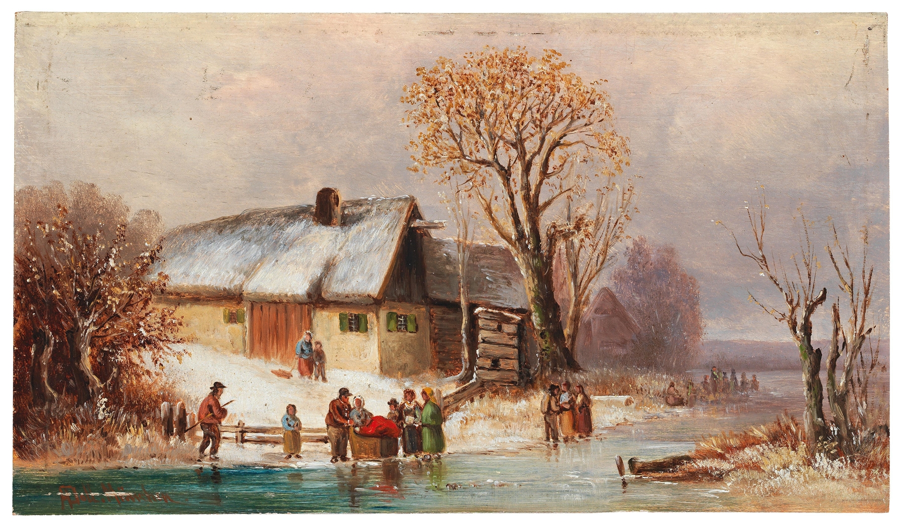Winterliche Flusslandschaft mit figürlicher Staffage by Anton Doll, oil on canvas depicting a winter river landscape.