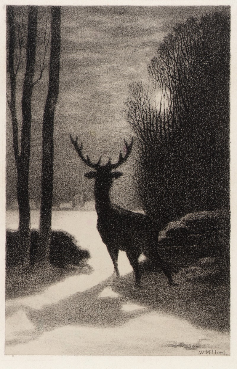 A serene depiction of a stag illuminated by moonlight in a tranquil landscape.
