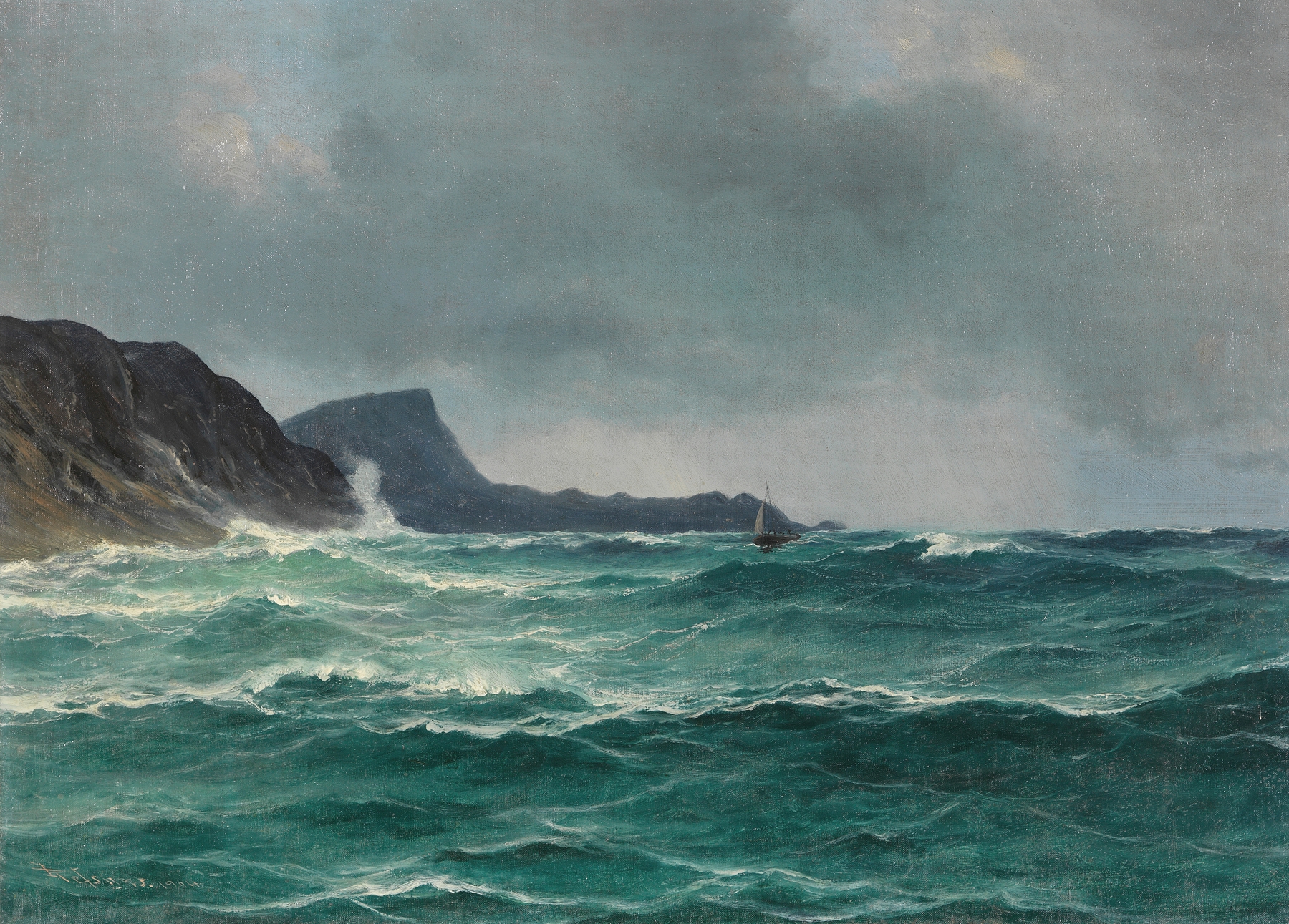 Nordische Küste mit Segelboot by Isak Elias Refsnaes, oil painting of a sailboat on the ocean.