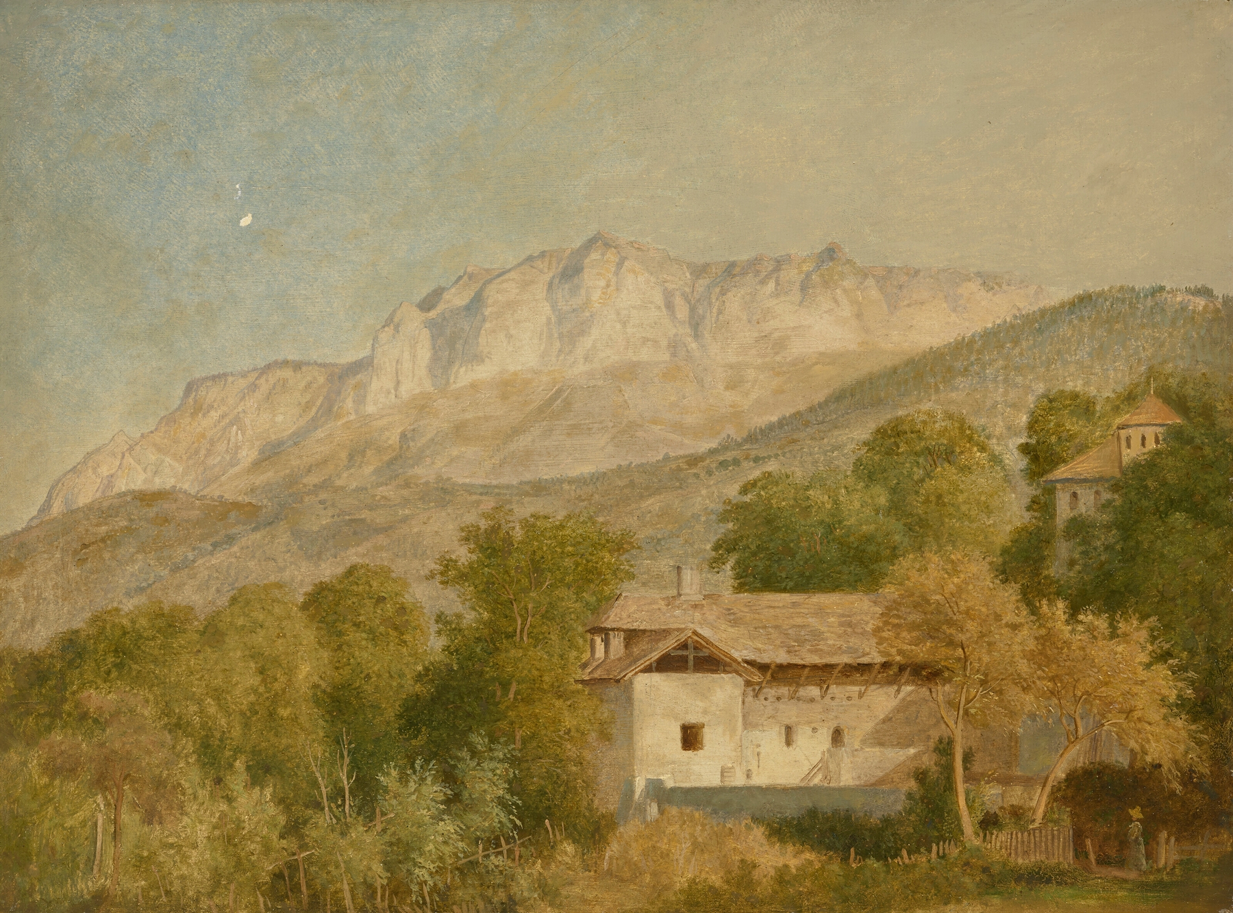 Watercolour by Wolfgang Adam Töpffer depicting a farmhouse and mountains.