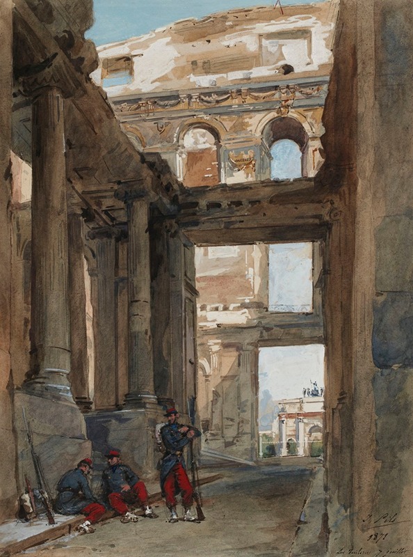 A painting depicting the ruins of the Tuileries after a historical event.