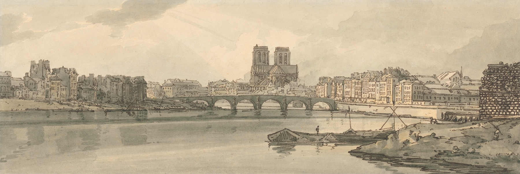 Watercolour by Thomas Girtin depicting Notre Dame and the Pont de la Tournelle at sunset.