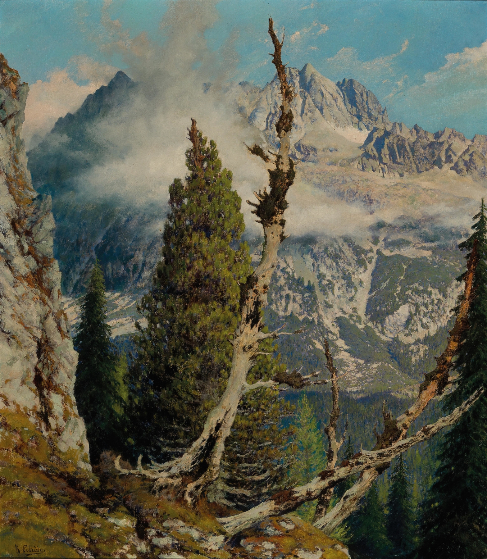 Landscape of mountains and valley in oil on canvas by Konrad Petrides