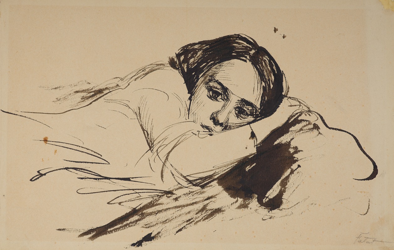A portrait of a reclining woman, depicted en face, showcasing Julian Falat's attention to detail.