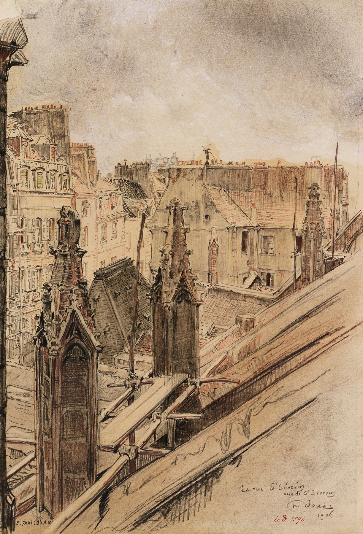 Cityscape of rooftops in Effets de toits, rue Saint Séverin by Charles Jouas, oil painting.