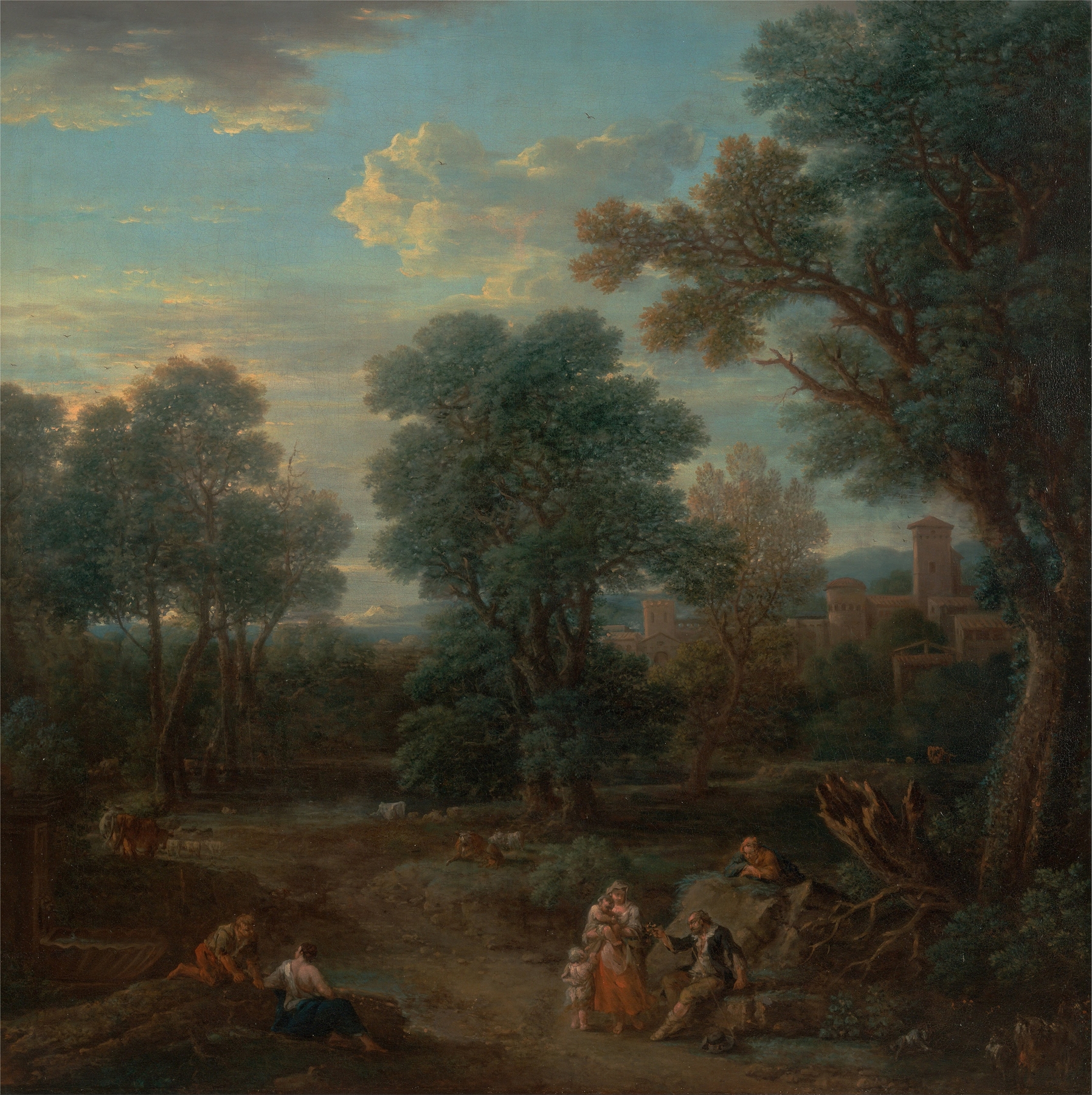 Rococo landscape with morning light over hills by John Wootton, oil painting