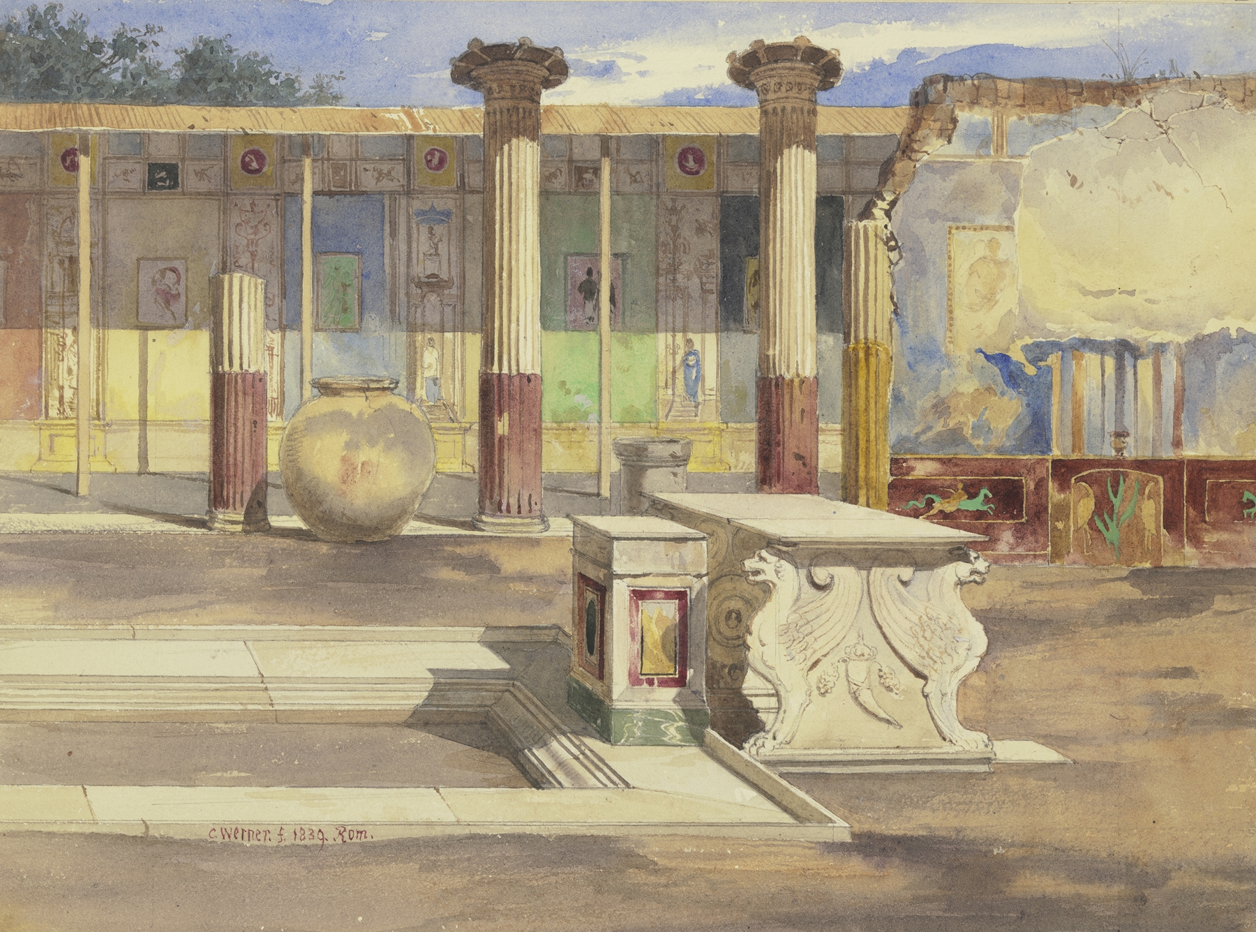 Die Casa de Meleagro in Pompeji, oil on canvas by Carl Friedrich Heinrich Werner, depicting ancient ruins.