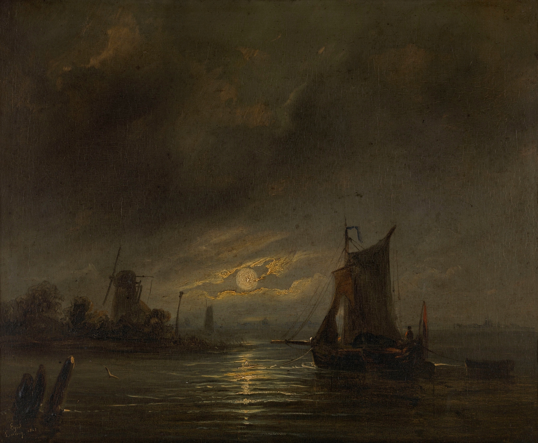 Night View by Egide Linnig, oil painting depicting a cityscape at night.