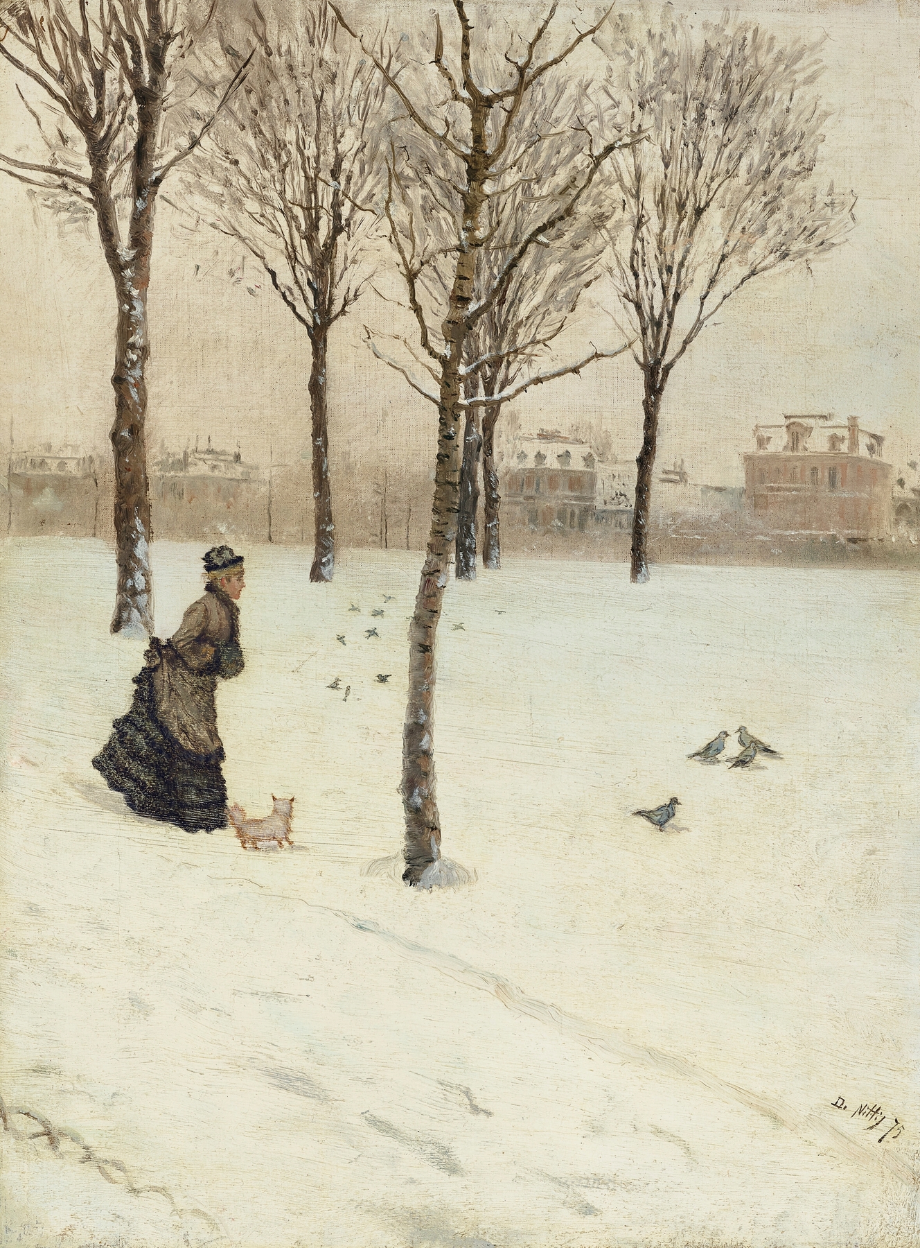 Portrait of a woman in a crimson cloak with a small dog, oil on canvas by Giuseppe De Nittis