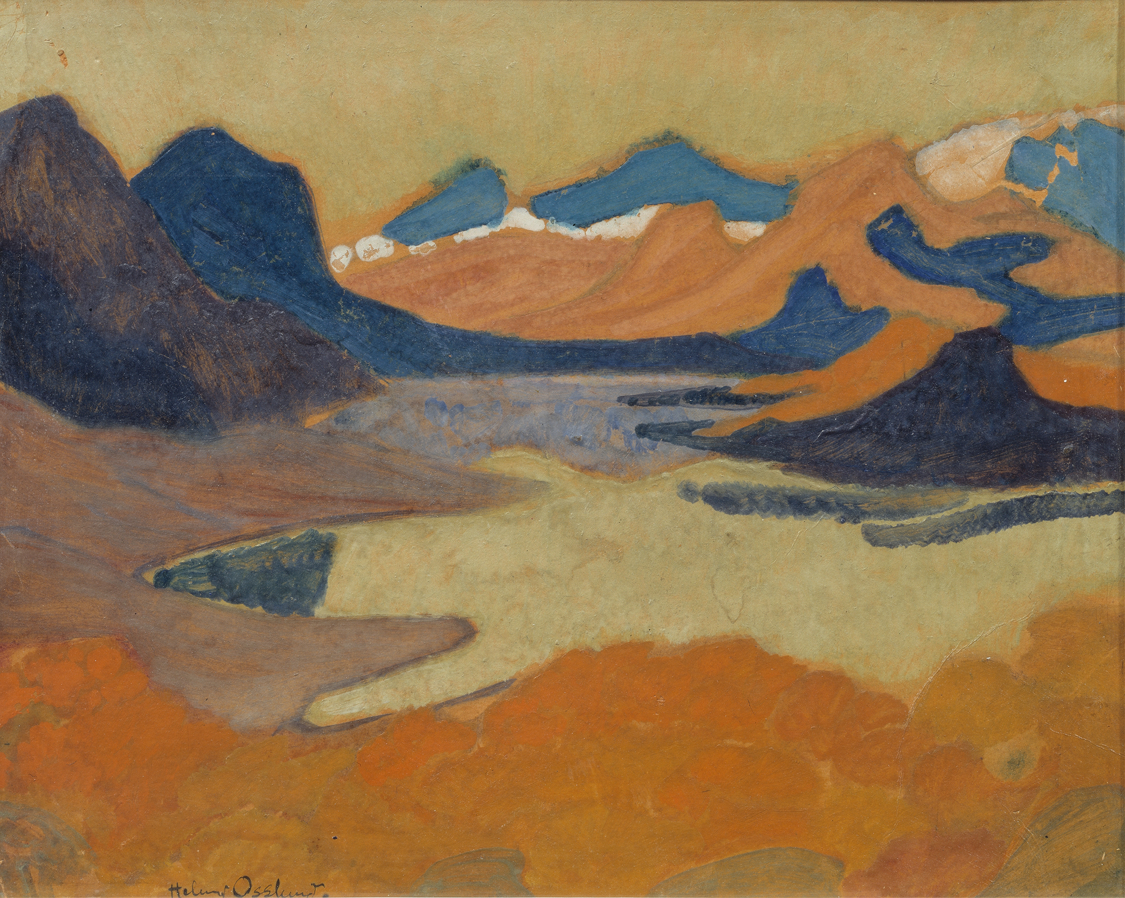 On the Way to Stora Sjöfallet oil painting by Helmer Osslund depicting a vibrant landscape with mountains and a river.