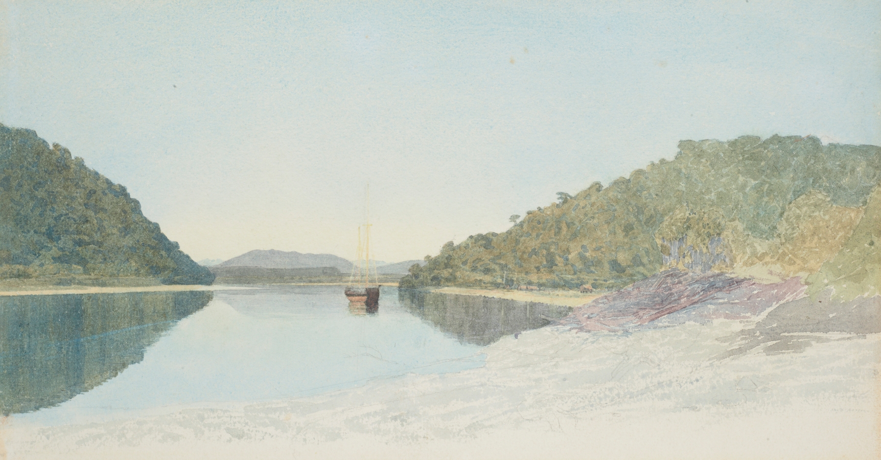 Site of Greymouth, oil on canvas by James Crowe Richmond, depicting a dawn landscape over New Zealand's coastline.