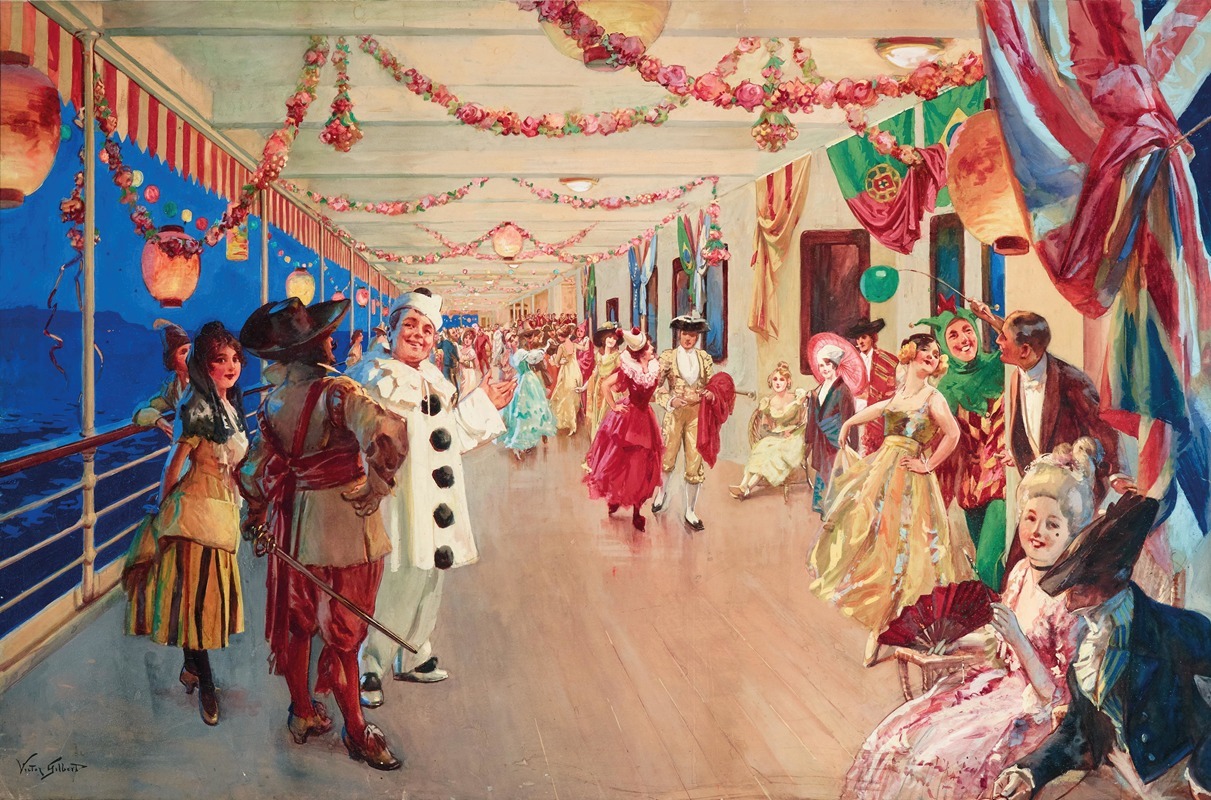 A lively scene of a masked ball on a ship with elegantly dressed figures enjoying the festivities.