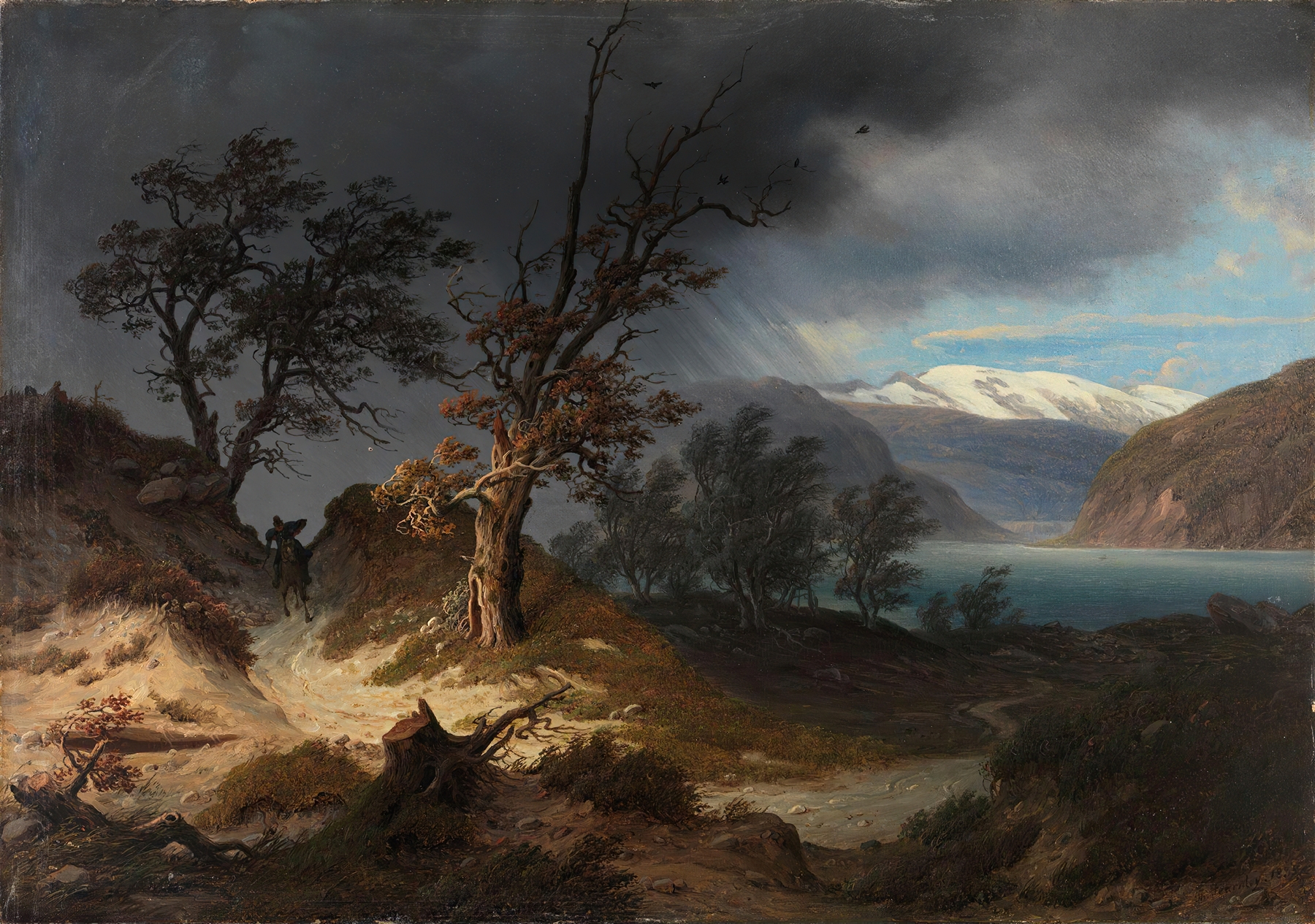 Stormy landscape with a rider, oil on canvas by Thomas Fearnley